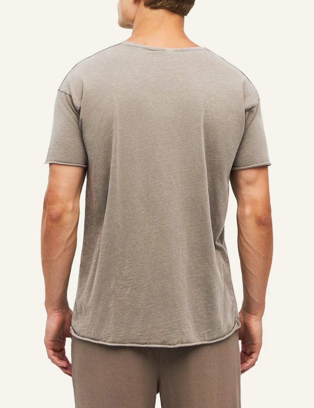 Men's Dirty Laundry taupe cotton T-shirt with relaxed fit and raw edge details back