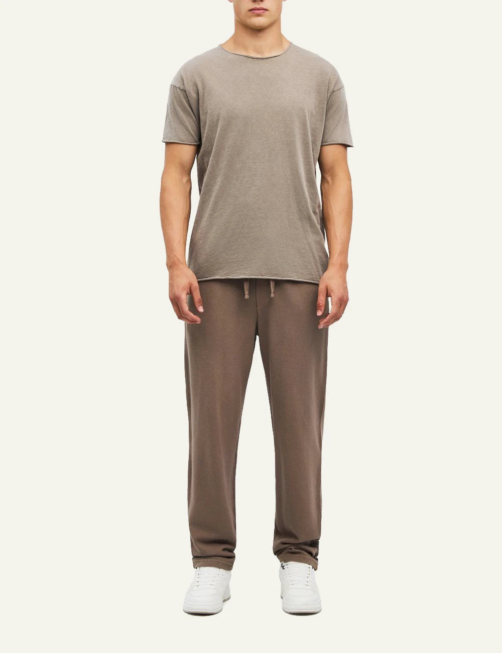 Men's Dirty Laundry taupe cotton T-shirt with relaxed fit and raw edge details full body