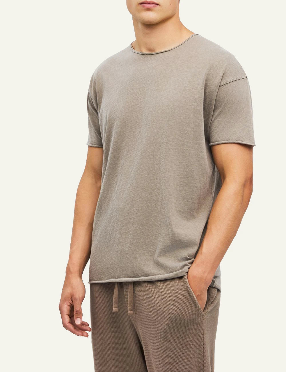 Men's Dirty Laundry taupe cotton T-shirt with relaxed fit and raw edge details side