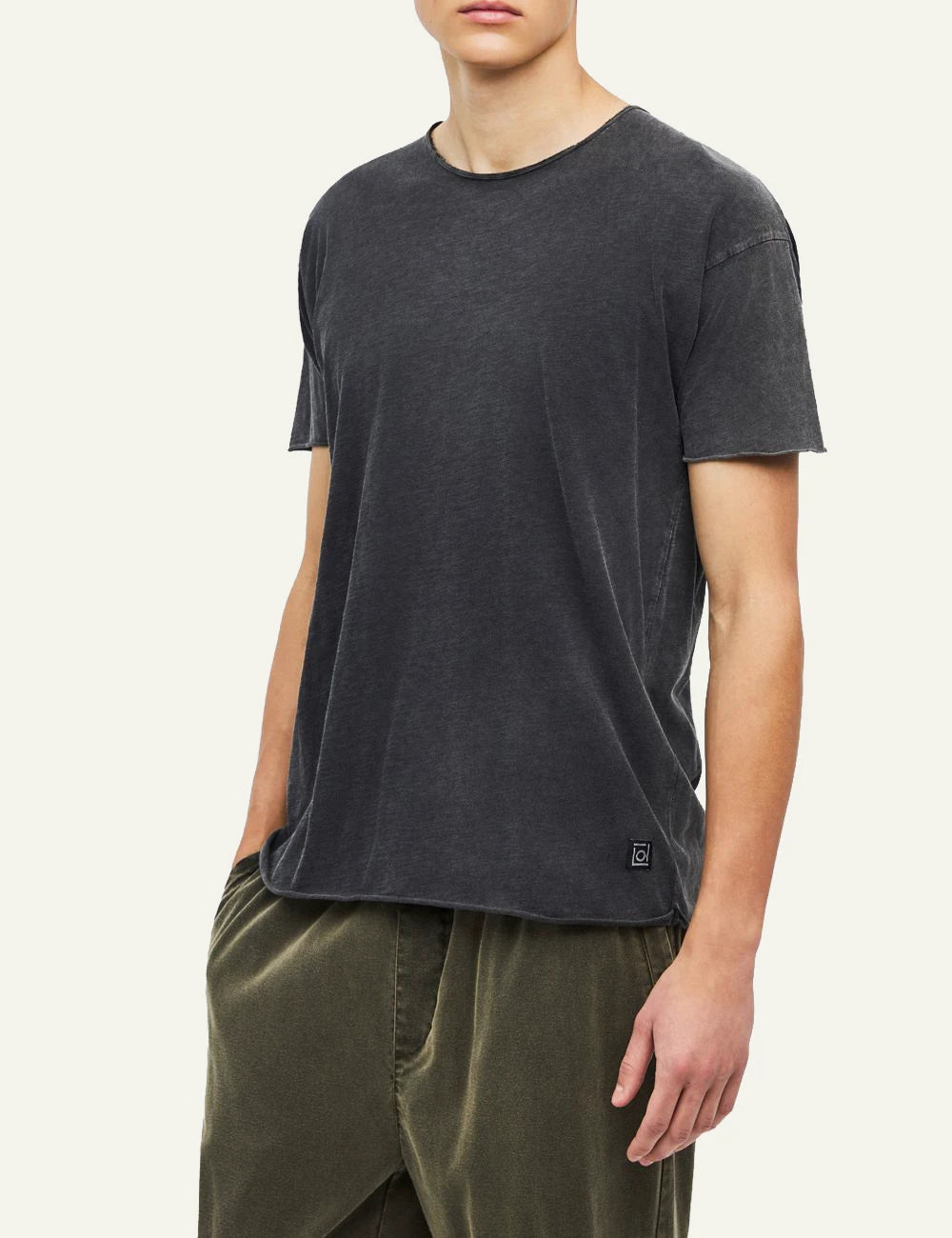 Men's Dirty Laundry washed charcoal cotton T-shirt with relaxed fit and raw edge details side