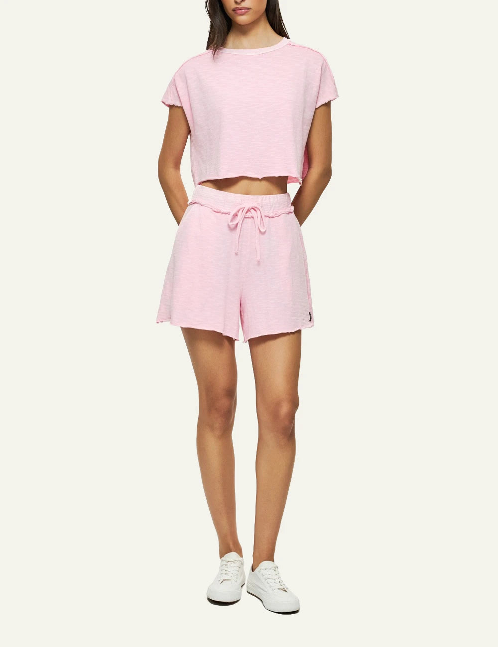 dirty laundry raw cut sweat bermuda pink cotton drawstring front full body view