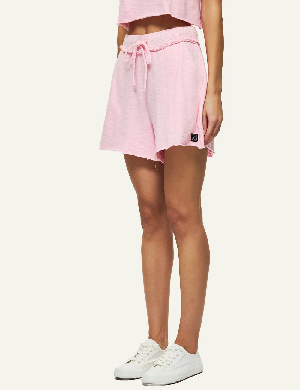 dirty laundry raw cut sweat bermuda pink cotton drawstring side model view