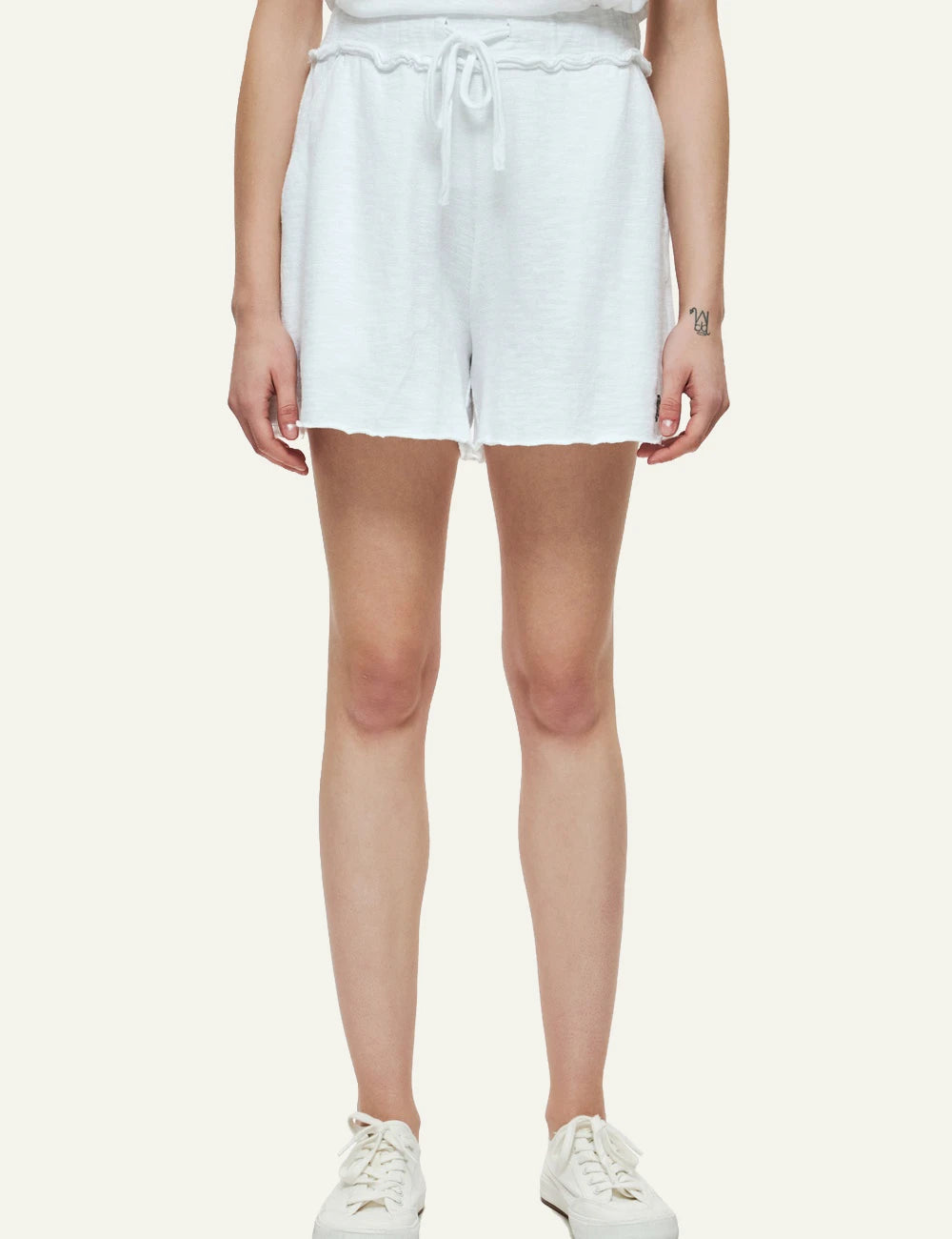 dirty laundry raw cut sweat bermuda white cotton drawstring front model view