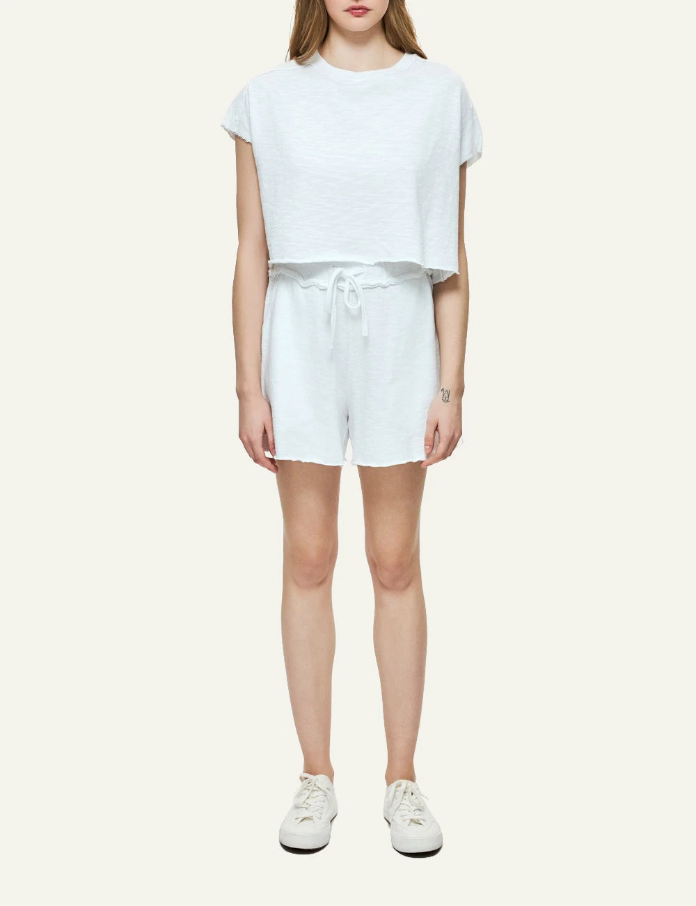 dirty laundry raw cut sweat bermuda white cotton drawstring front full body view