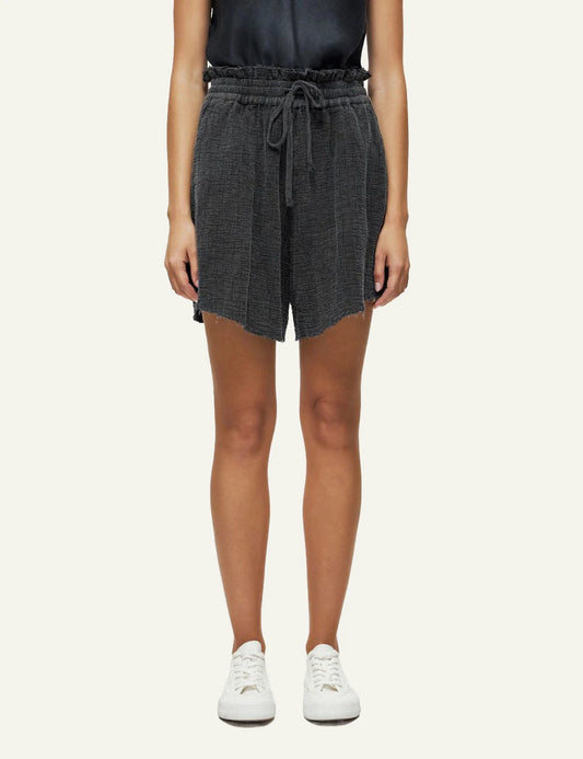 dirty laundry relaxed shorts black raw edges elastic waist front model view