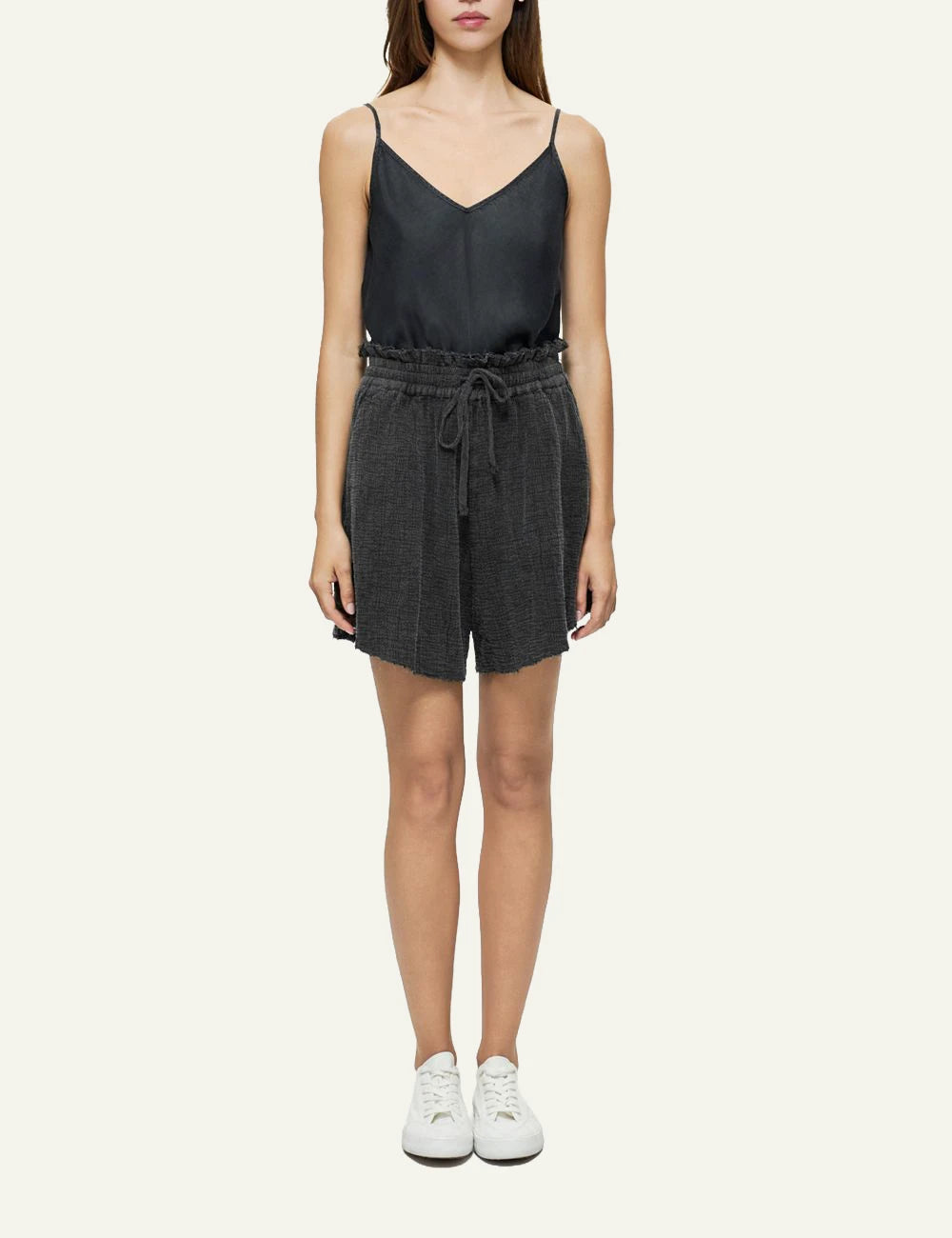 dirty laundry relaxed shorts black raw edges elastic waist front full body view