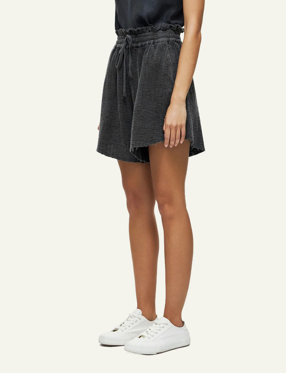 dirty laundry relaxed shorts black raw edges elastic waist side model view