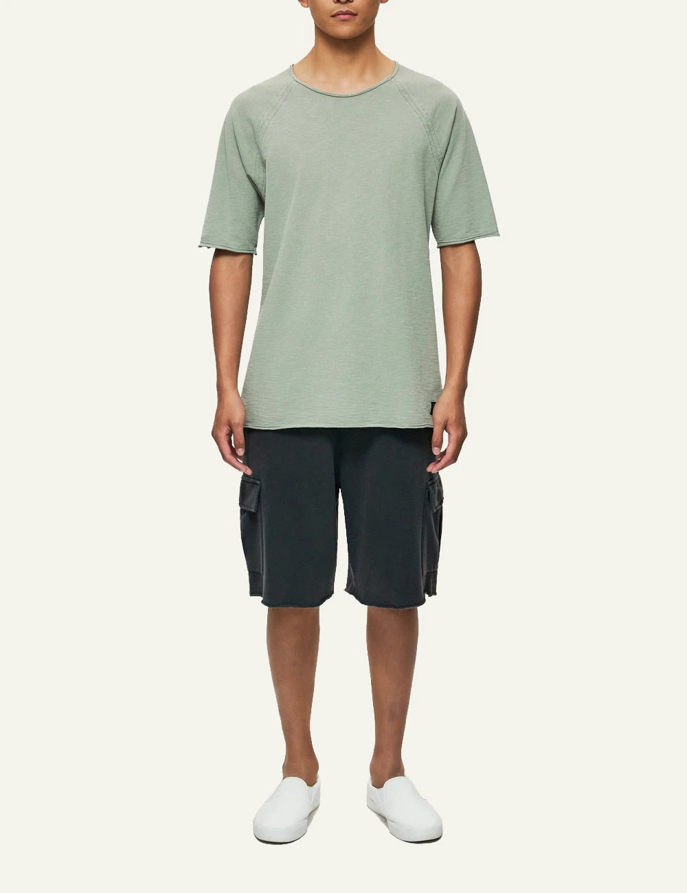 dirty laundry sage green t-shirt raglan short sleeve minimal front full body view