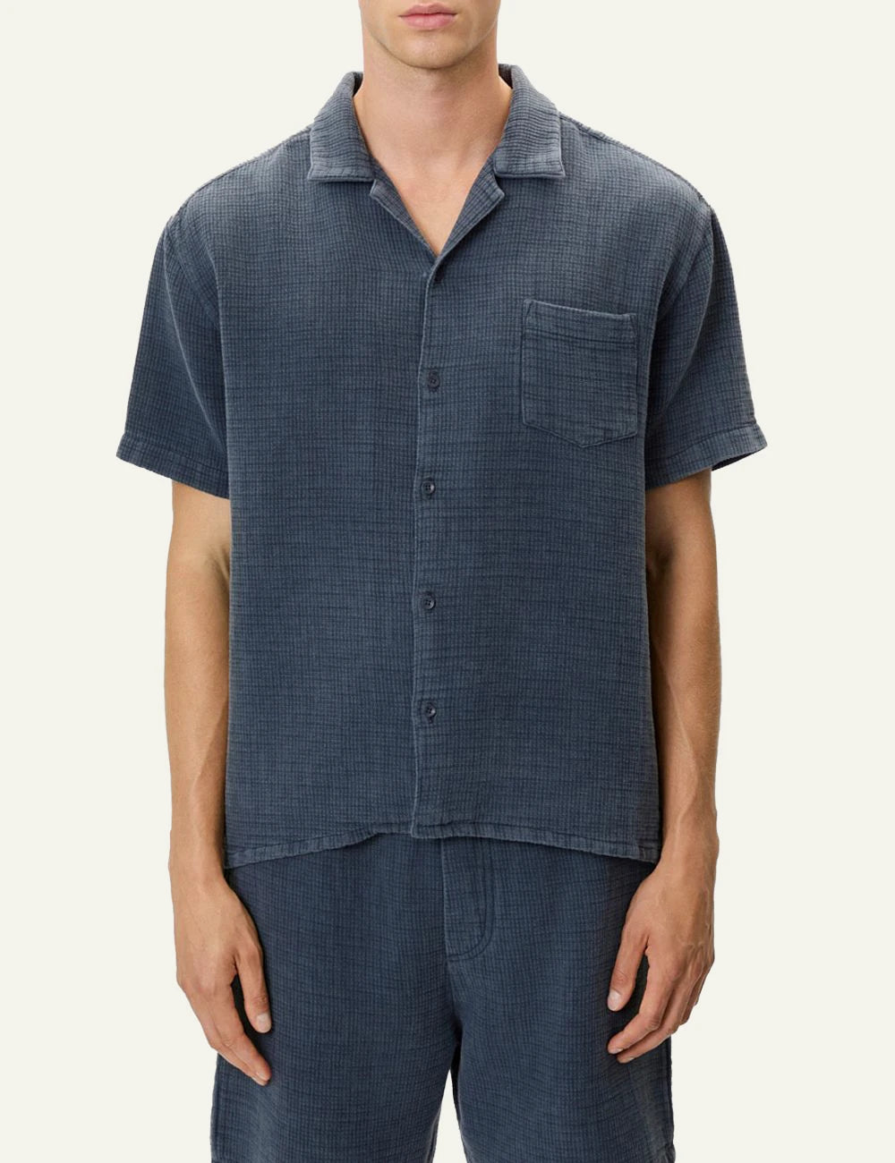 Dirty Laundry short sleeve shirt textured blue front model view
