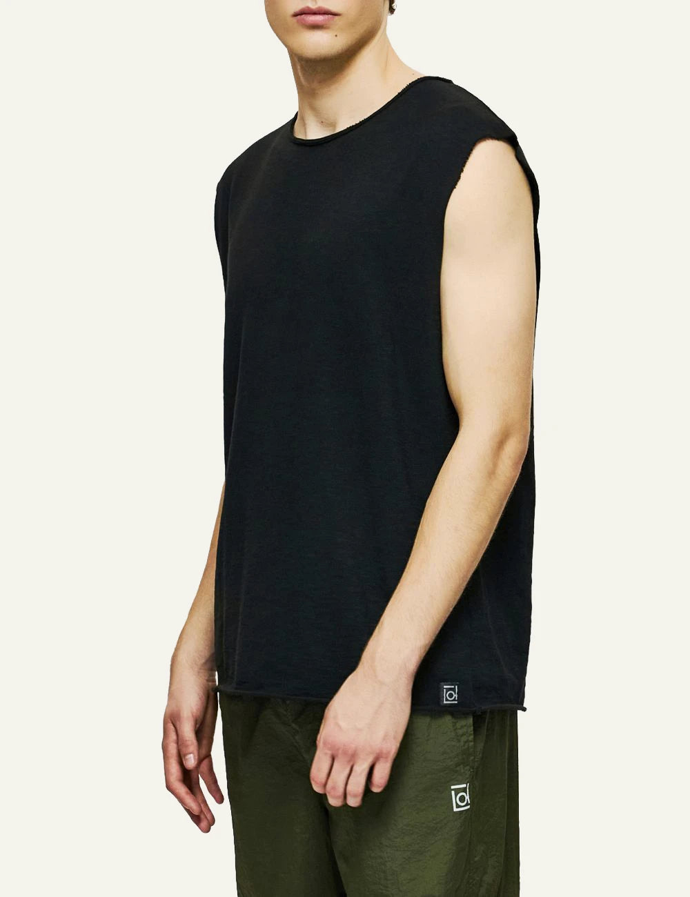 Dirty Laundry sleeveless slub top black raw edges casual side model view