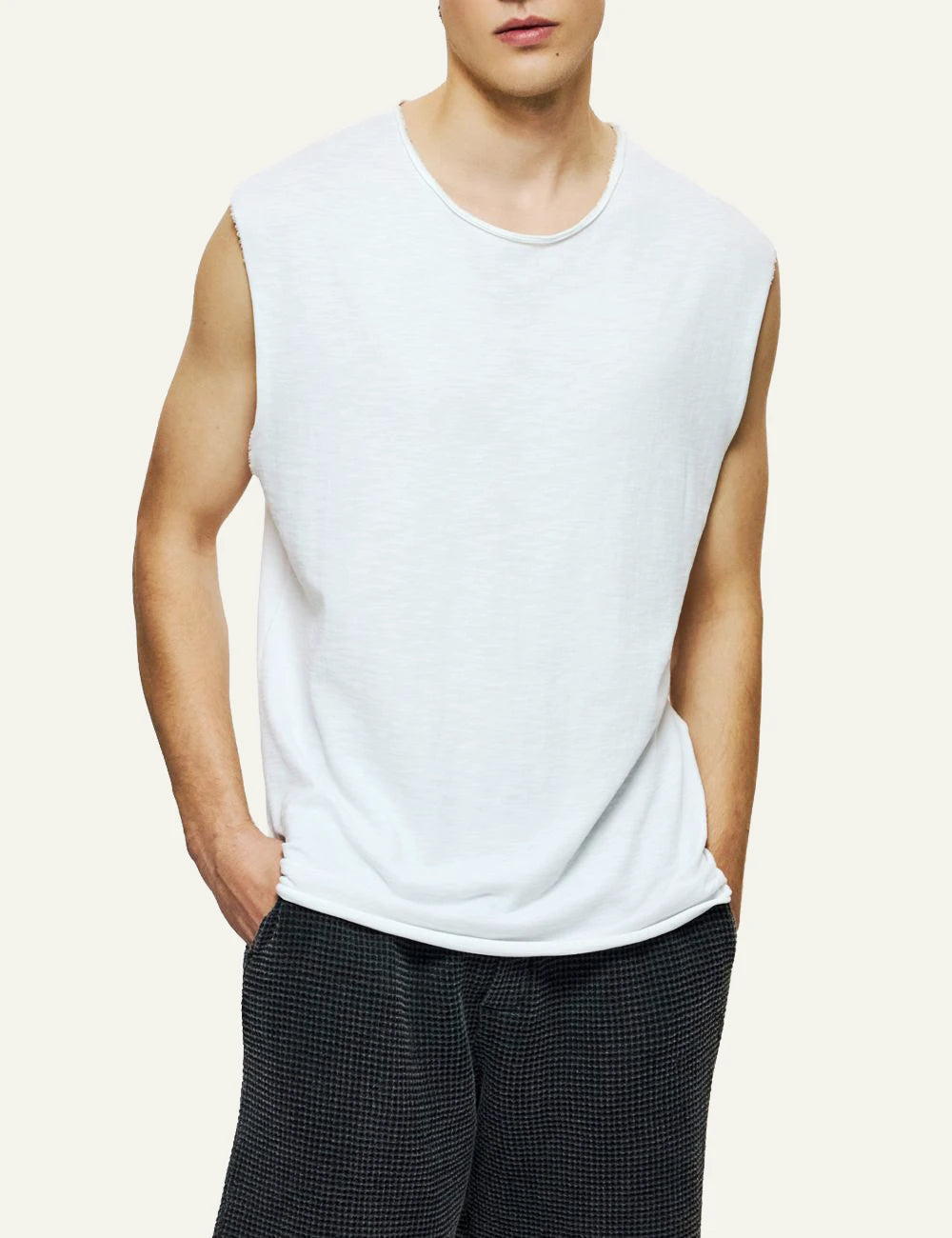 Dirty Laundry sleeveless slub top white raw edges casual front model view