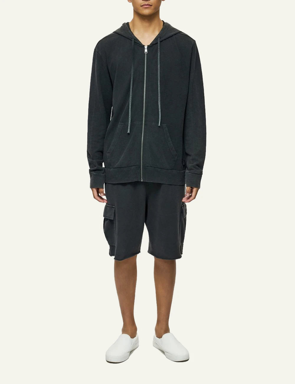 Dirty Laundry zip hoodie slub cotton washed black front model view