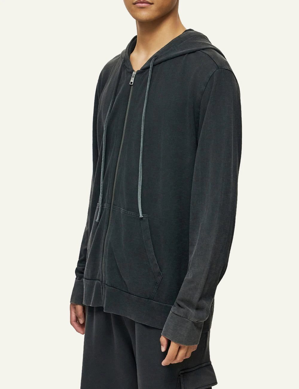 Dirty Laundry zip hoodie slub cotton washed black side model view