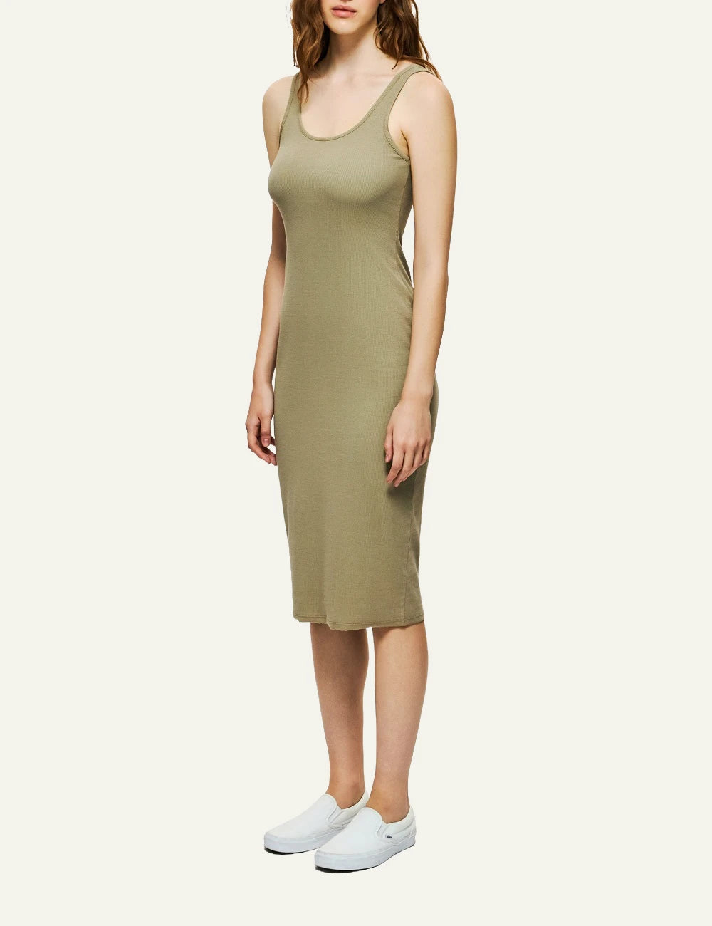 dirty laundry tank dress khaki midi slim fit side model view