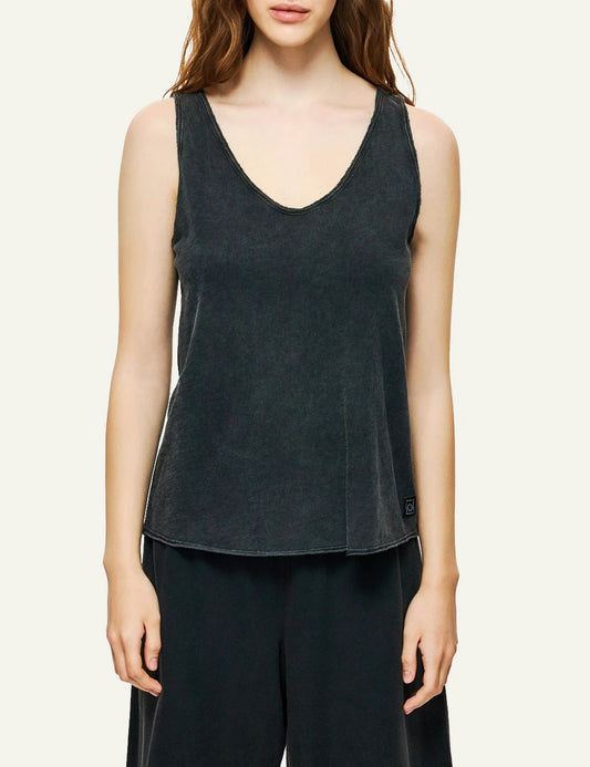 dirty laundry tank top black slub cotton v neck front model view