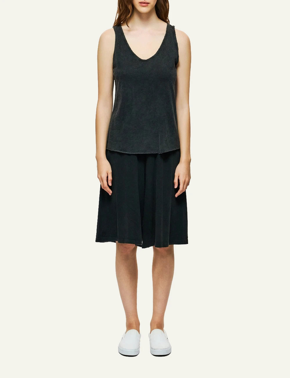 dirty laundry tank top black slub cotton v neck front full body view