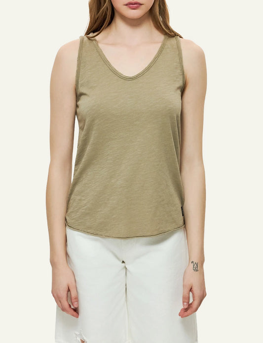 dirty laundry tank top khaki slub cotton v neck front model view
