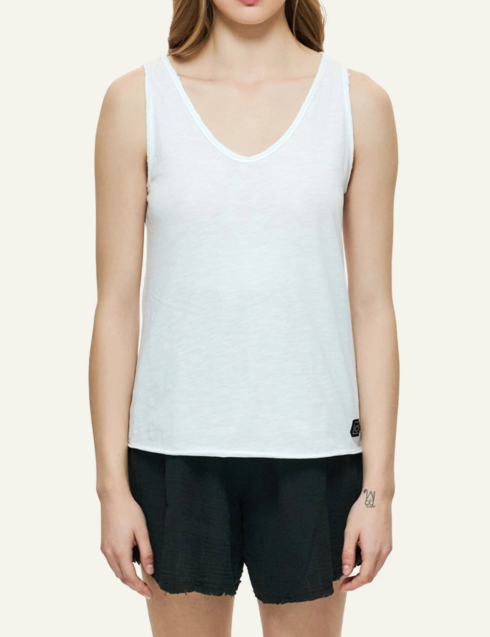 dirty laundry tank top white slub cotton v neck front model view