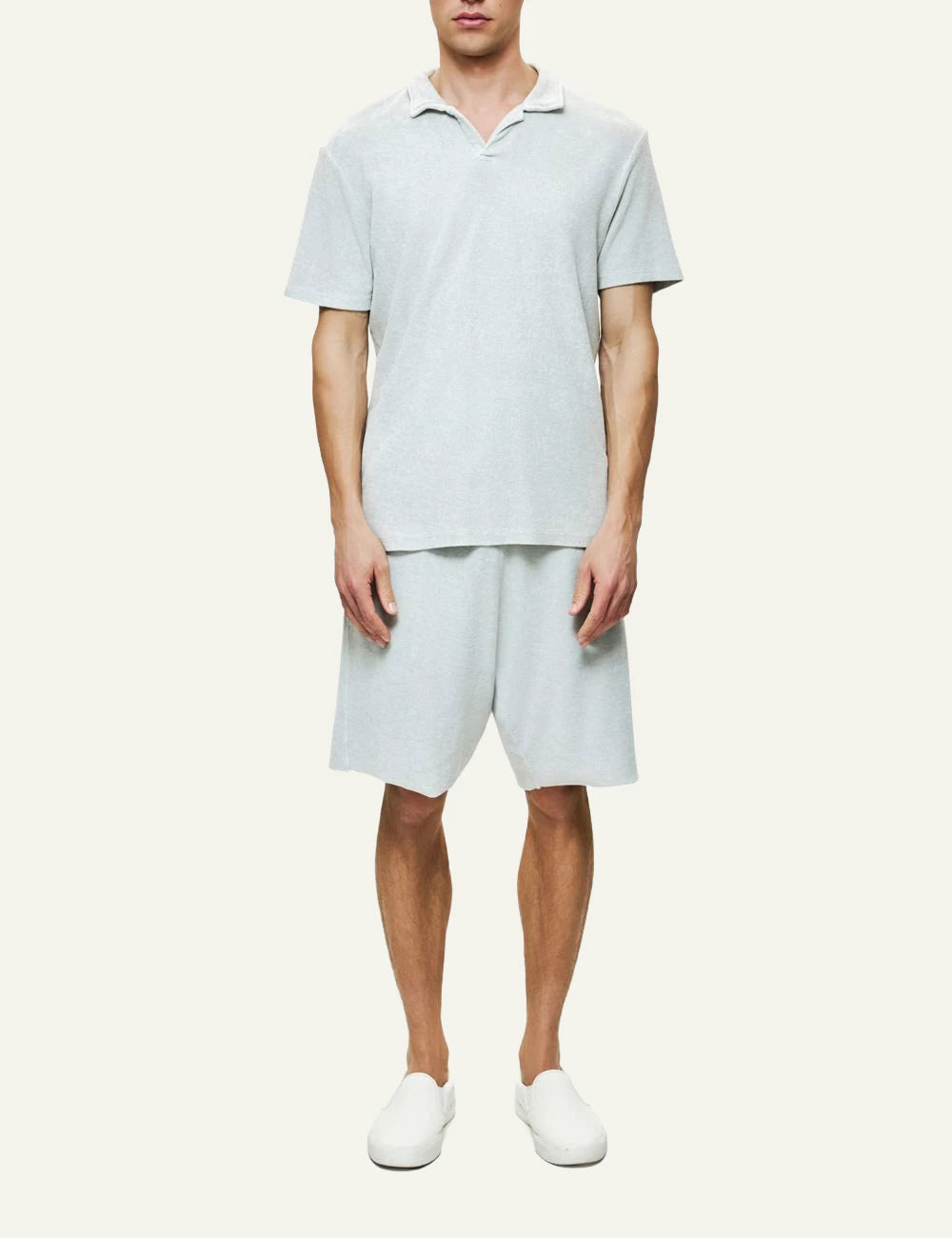 Dirty Laundry terry shorts light green on model front full body view