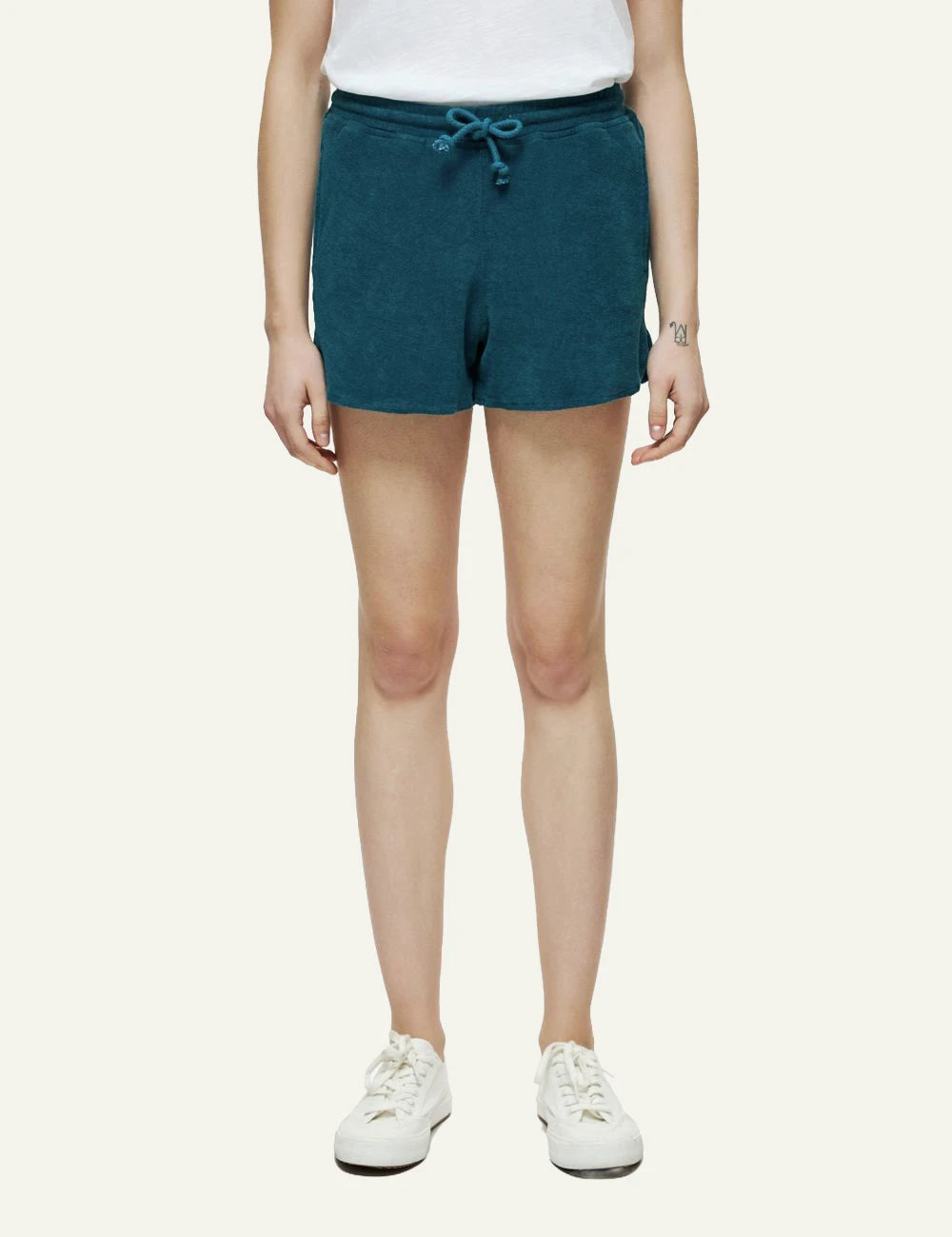 Dirty Laundry terry shorts teal relaxed fit drawstring front model view
