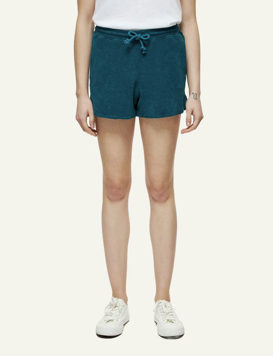 Dirty Laundry terry shorts teal relaxed fit drawstring front model view