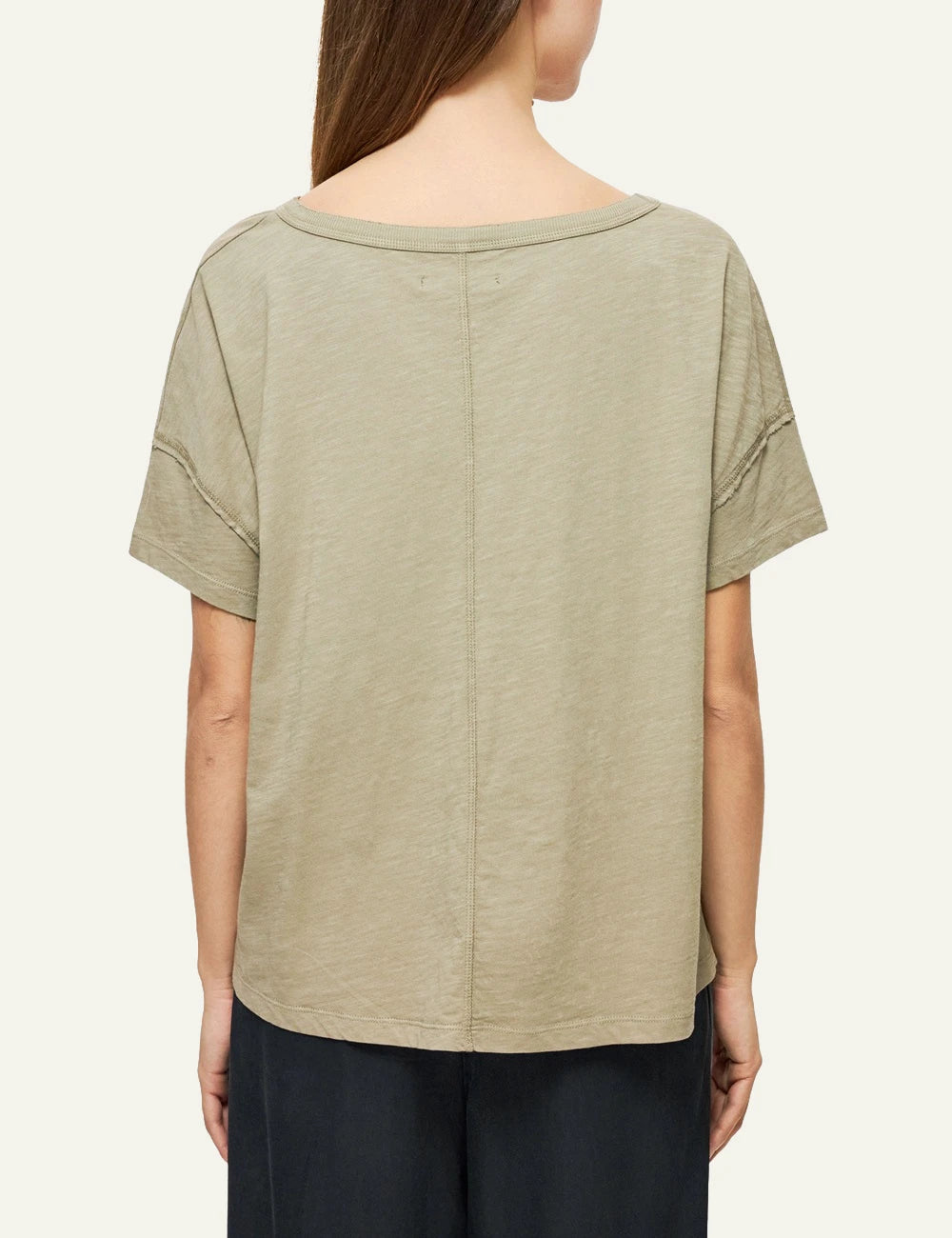 dirty laundry v neck t shirt khaki relaxed fit raw edges back model view