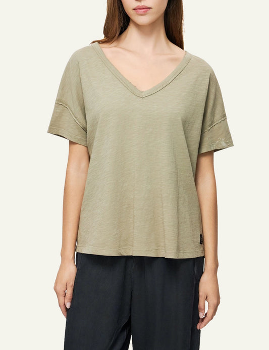 dirty laundry v neck t shirt khaki relaxed fit raw edges front model view