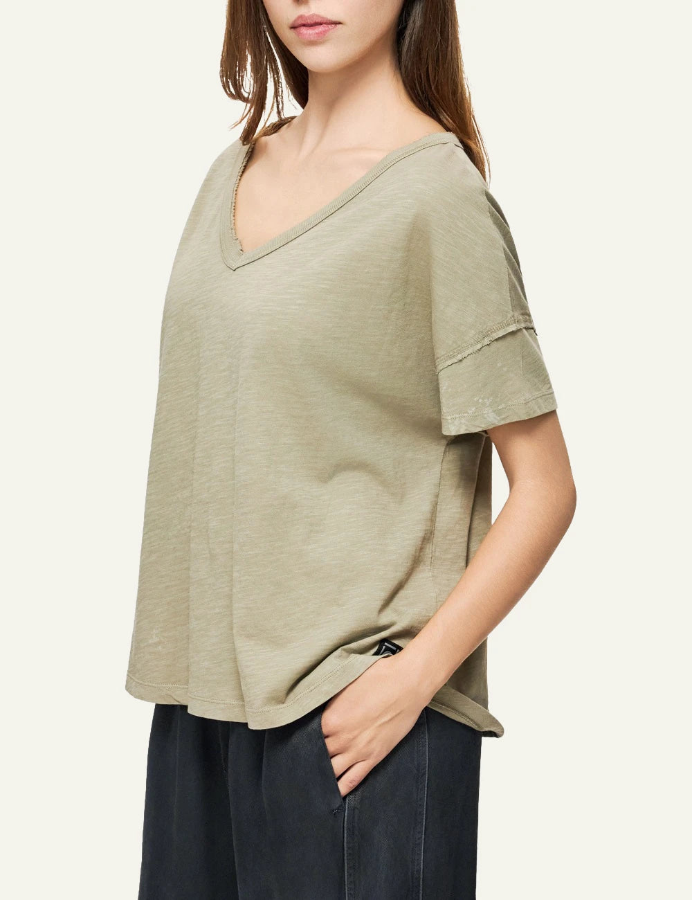 dirty laundry v neck t shirt khaki relaxed fit raw edges side model view