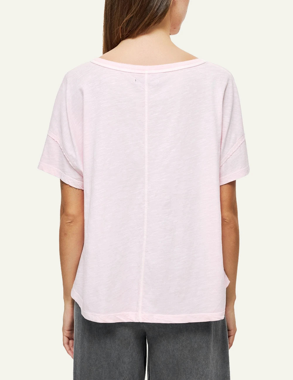 dirty laundry v neck t shirt pink relaxed fit raw edges back model view