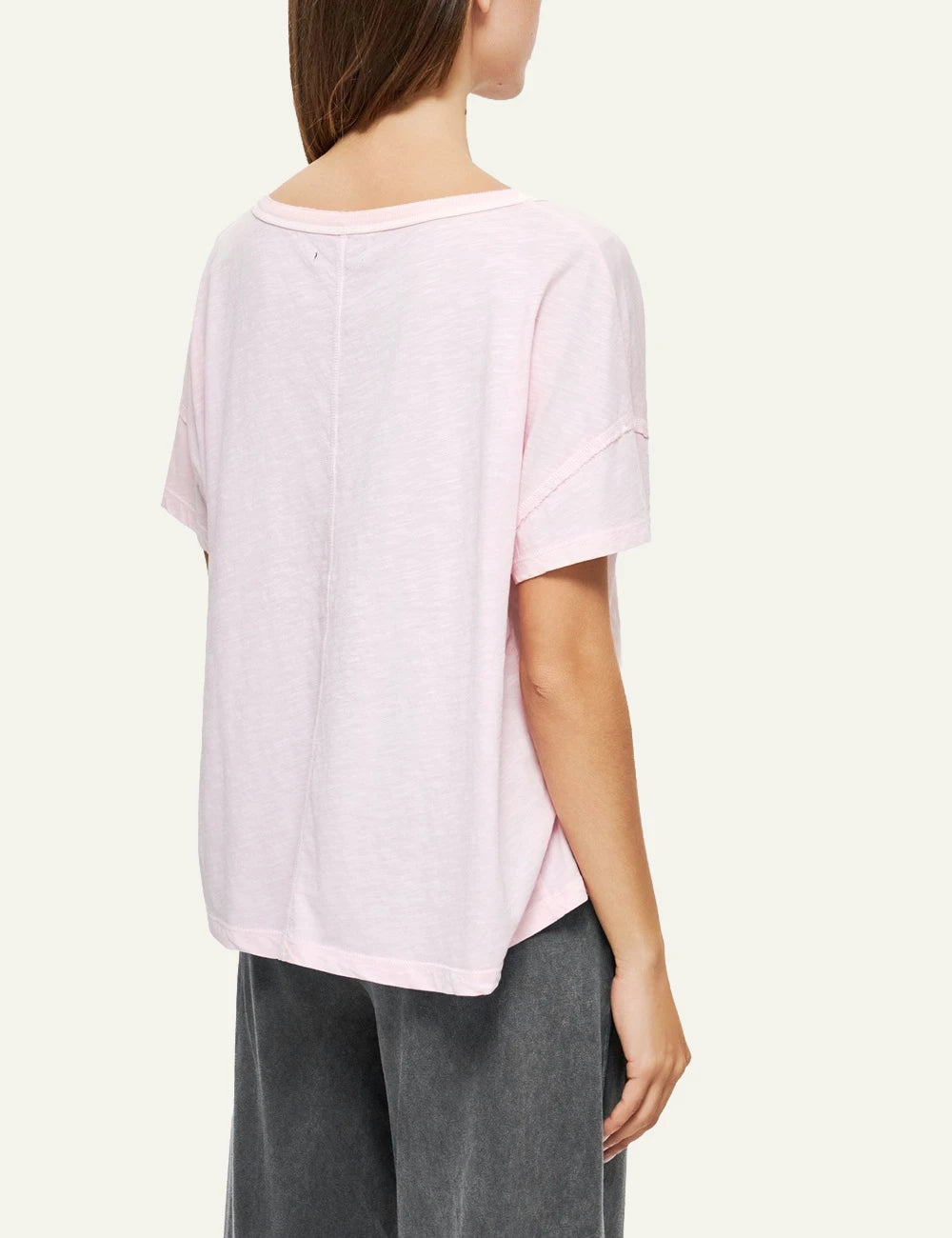 dirty laundry v neck t shirt pink relaxed fit raw edges side model view