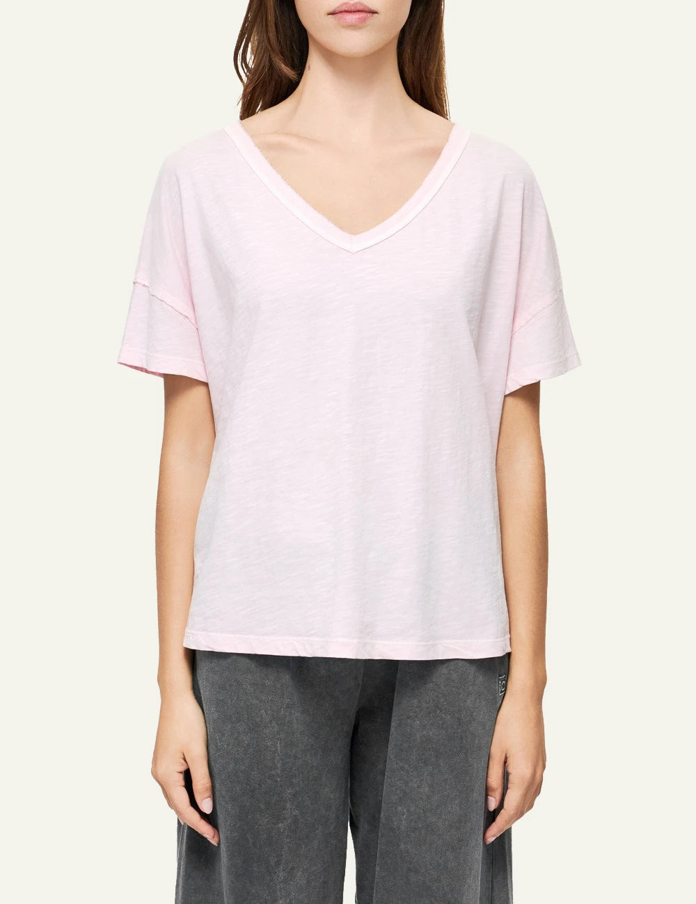 dirty laundry v neck t shirt pink relaxed fit raw edges front model view