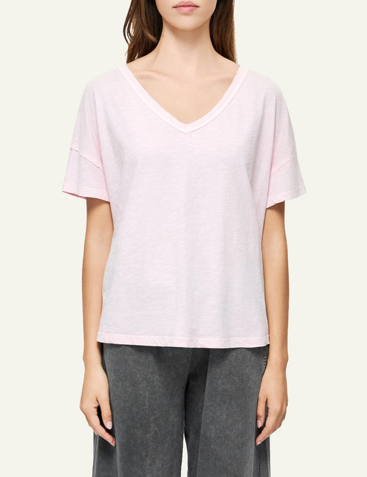 dirty laundry v neck t shirt pink relaxed fit raw edges front model view