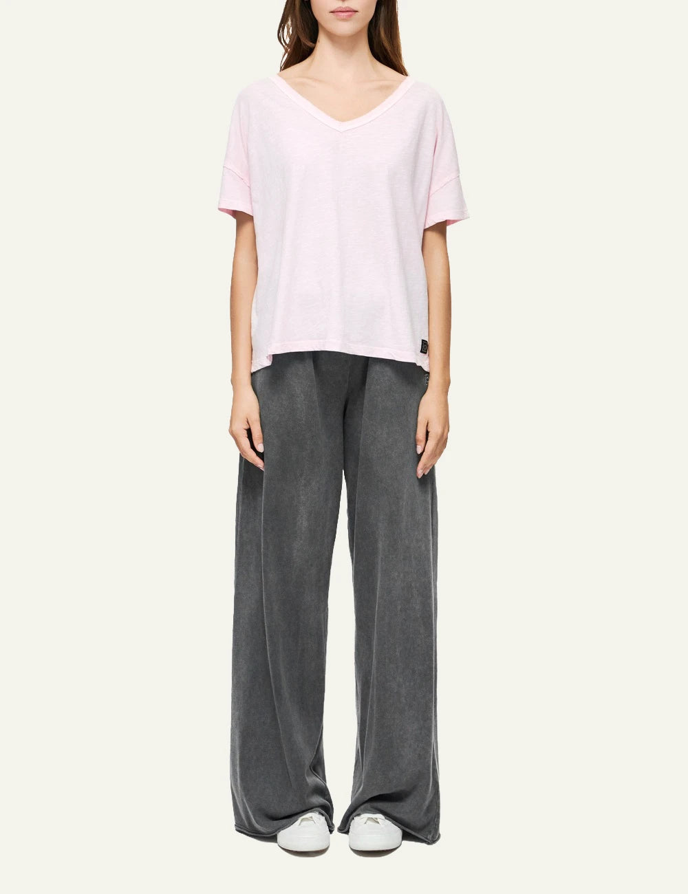 dirty laundry v neck t shirt pink relaxed fit raw edges front full body view