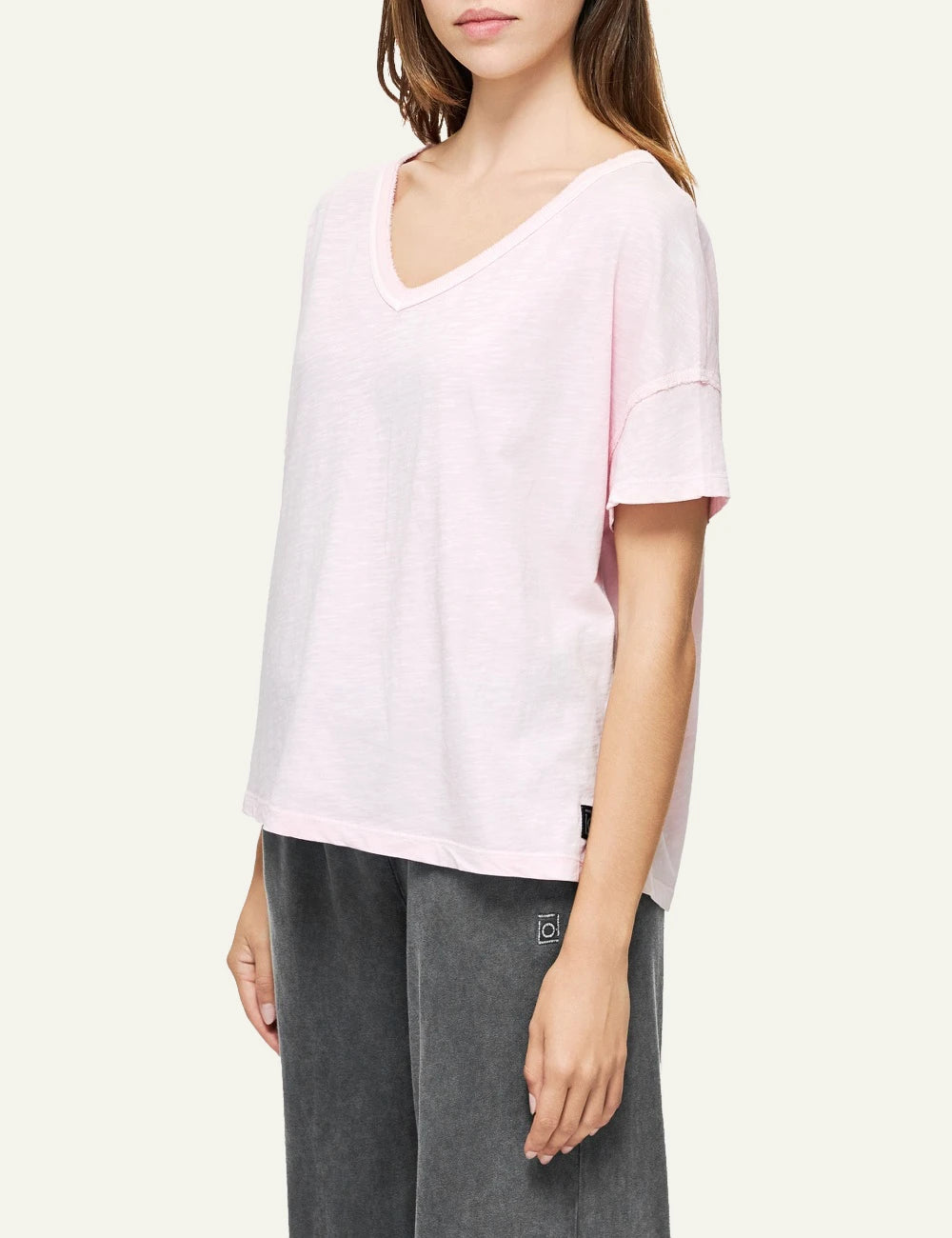 dirty laundry v neck t shirt pink relaxed fit raw edges side model view