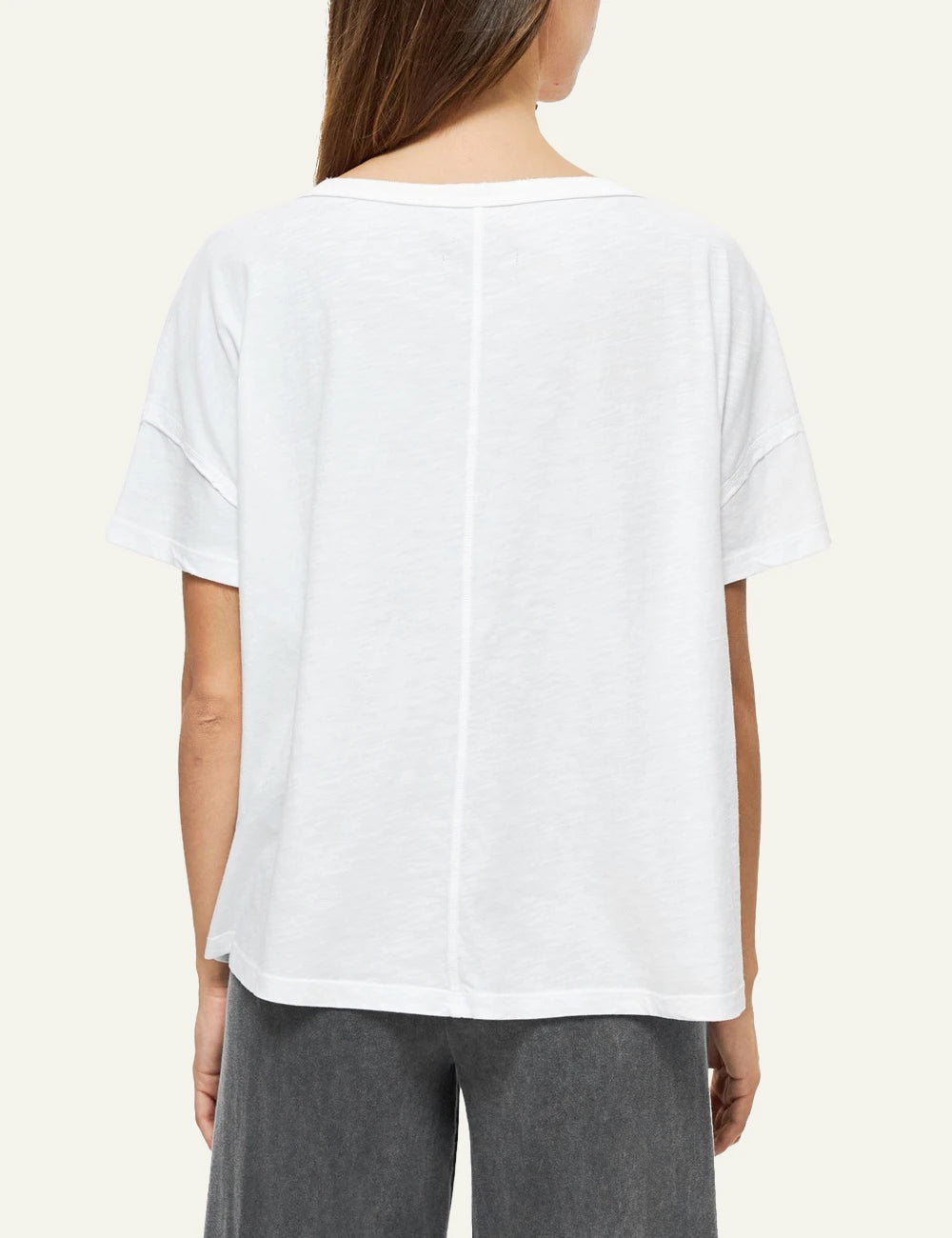 dirty laundry v neck t shirt white relaxed fit raw edges back model view