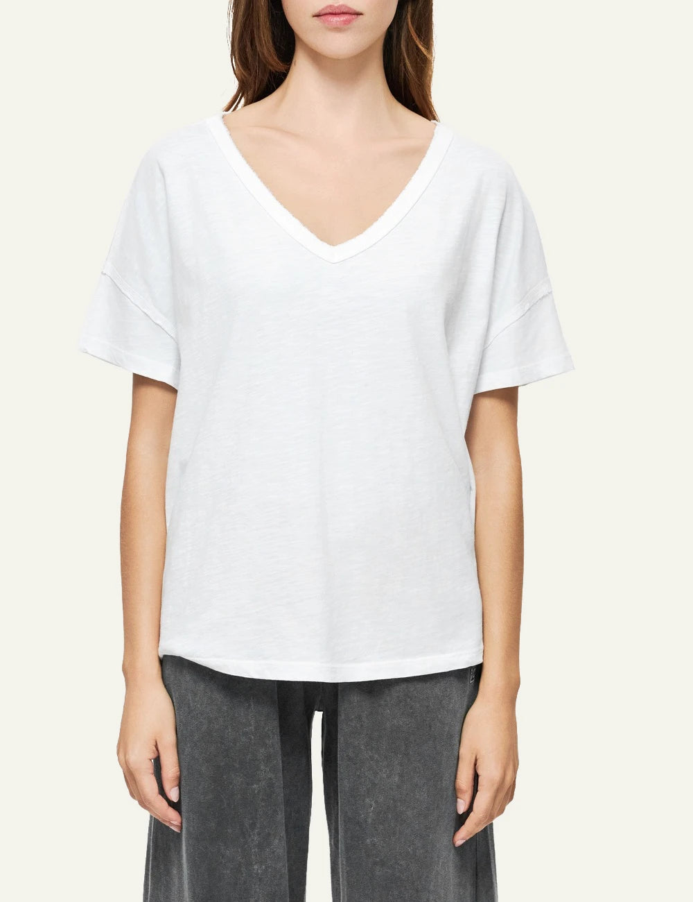 dirty laundry v neck t shirt white relaxed fit raw edges front model view
