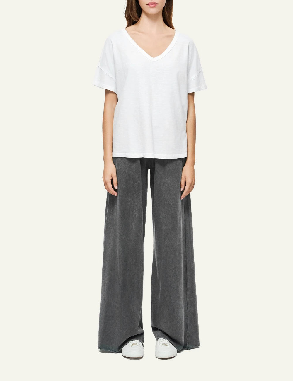 dirty laundry v neck t shirt white relaxed fit raw edges front full body view