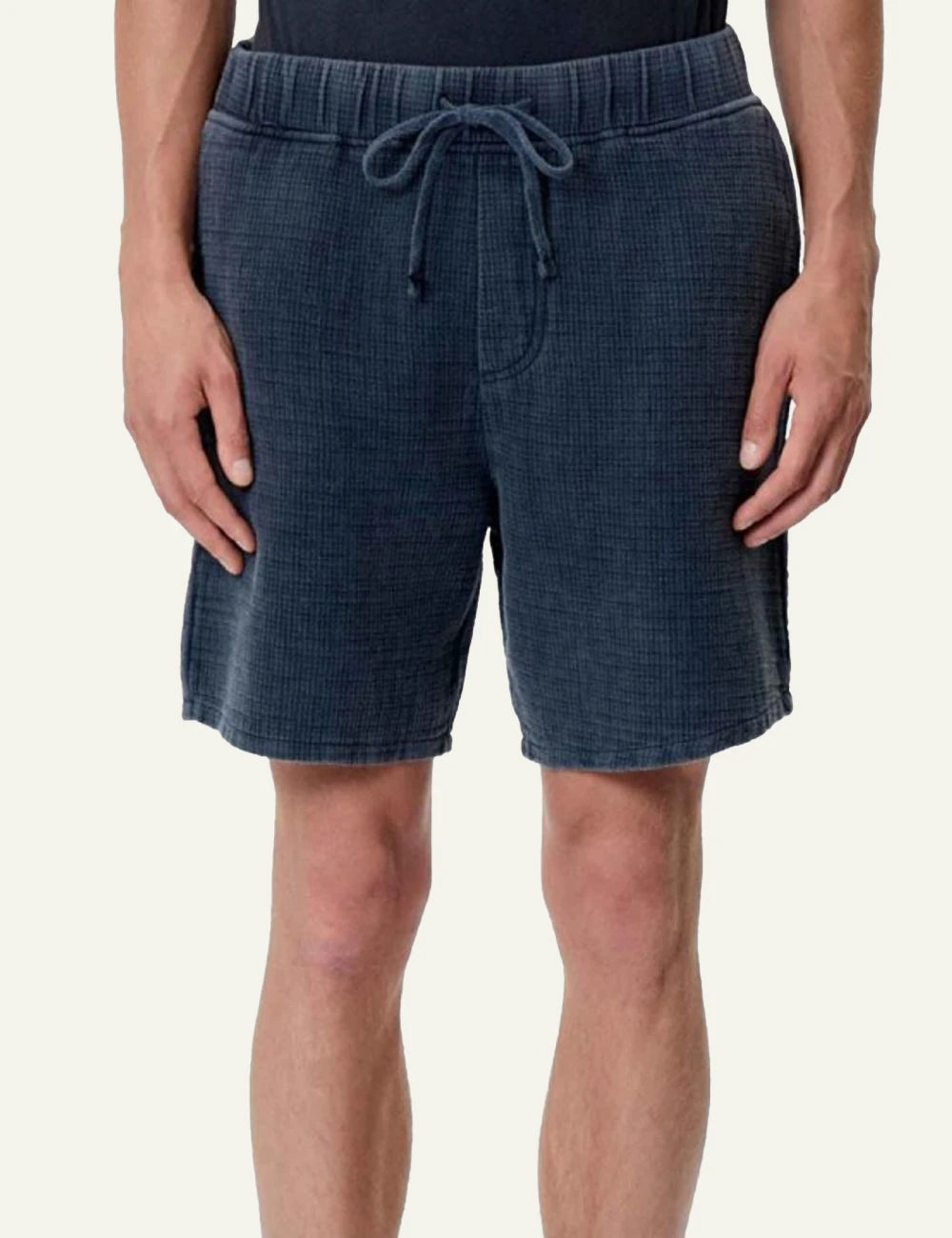 Dirty Laundry waffle shorts vintage blue elastic waist relaxed fit front model detail view