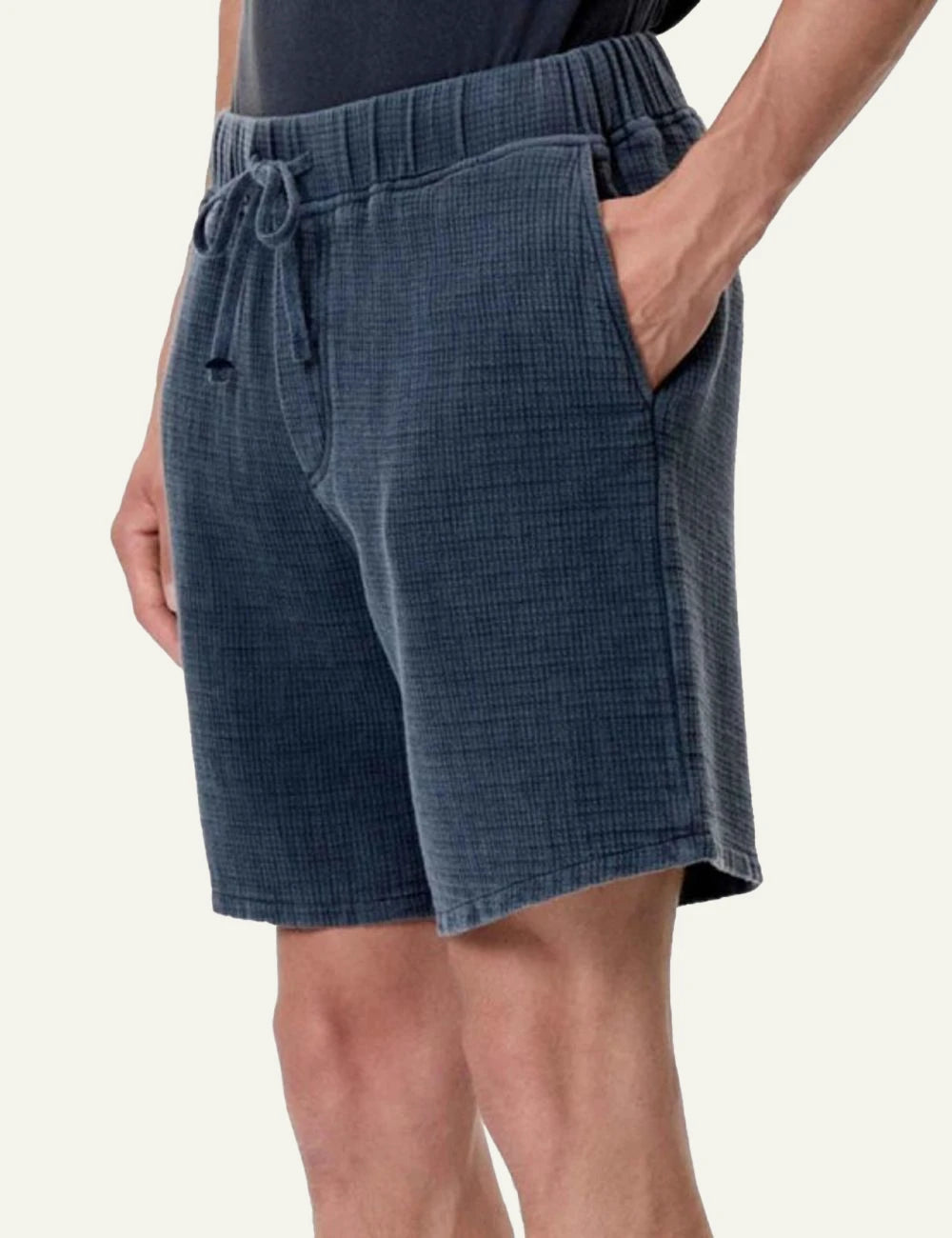 Dirty Laundry waffle shorts vintage blue elastic waist relaxed fit side model view