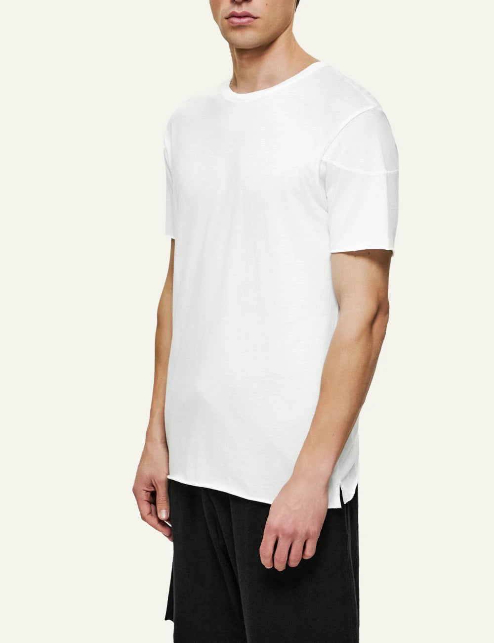 Dirty Laundry white t-shirt relaxed fit side model view