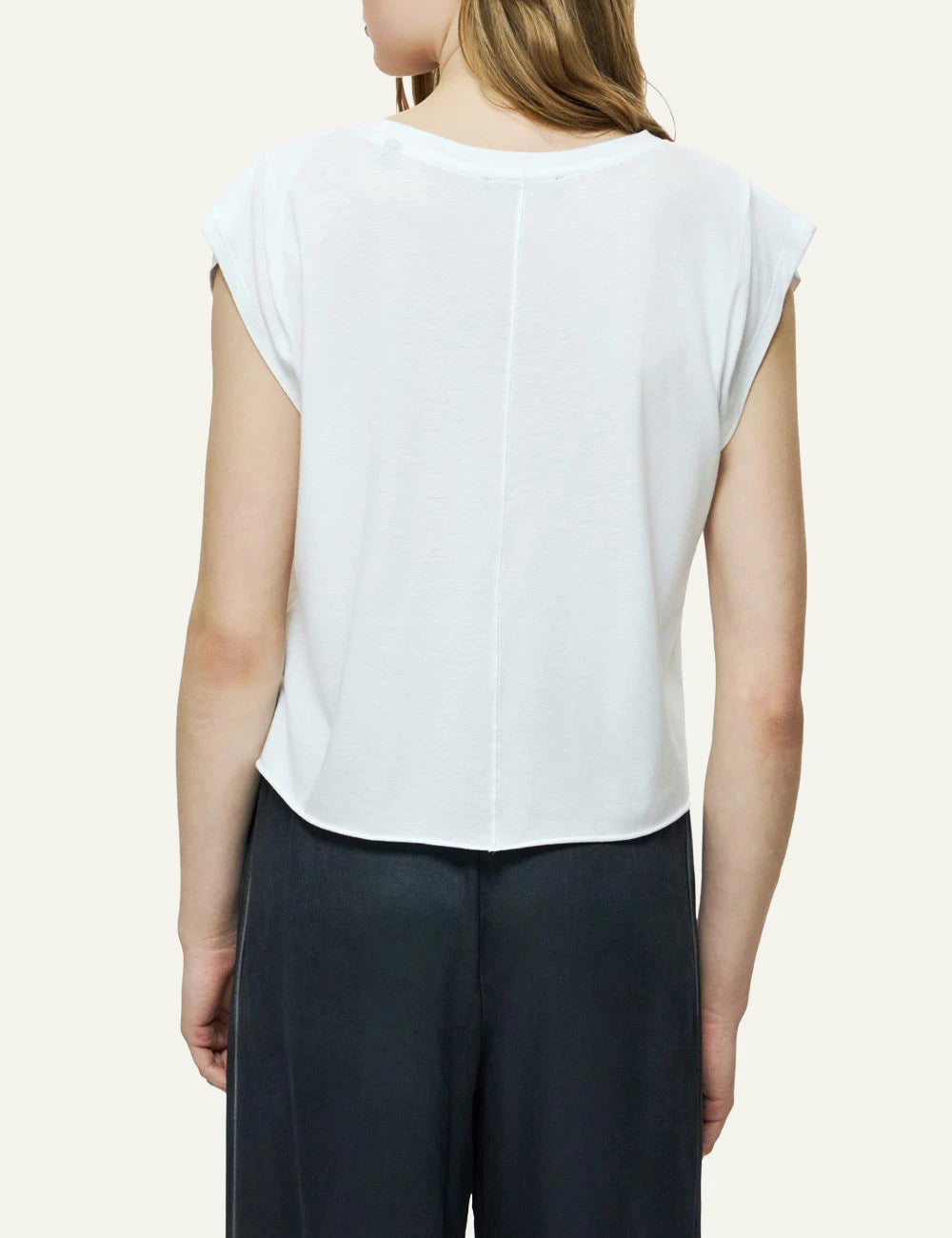Dirty Laundry white sleeveless cropped t-shirt back model view
