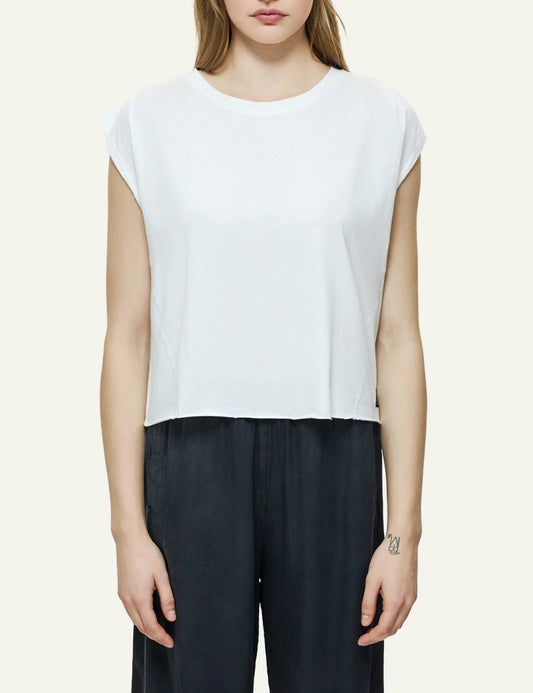 Dirty Laundry white sleeveless cropped t-shirt front model view