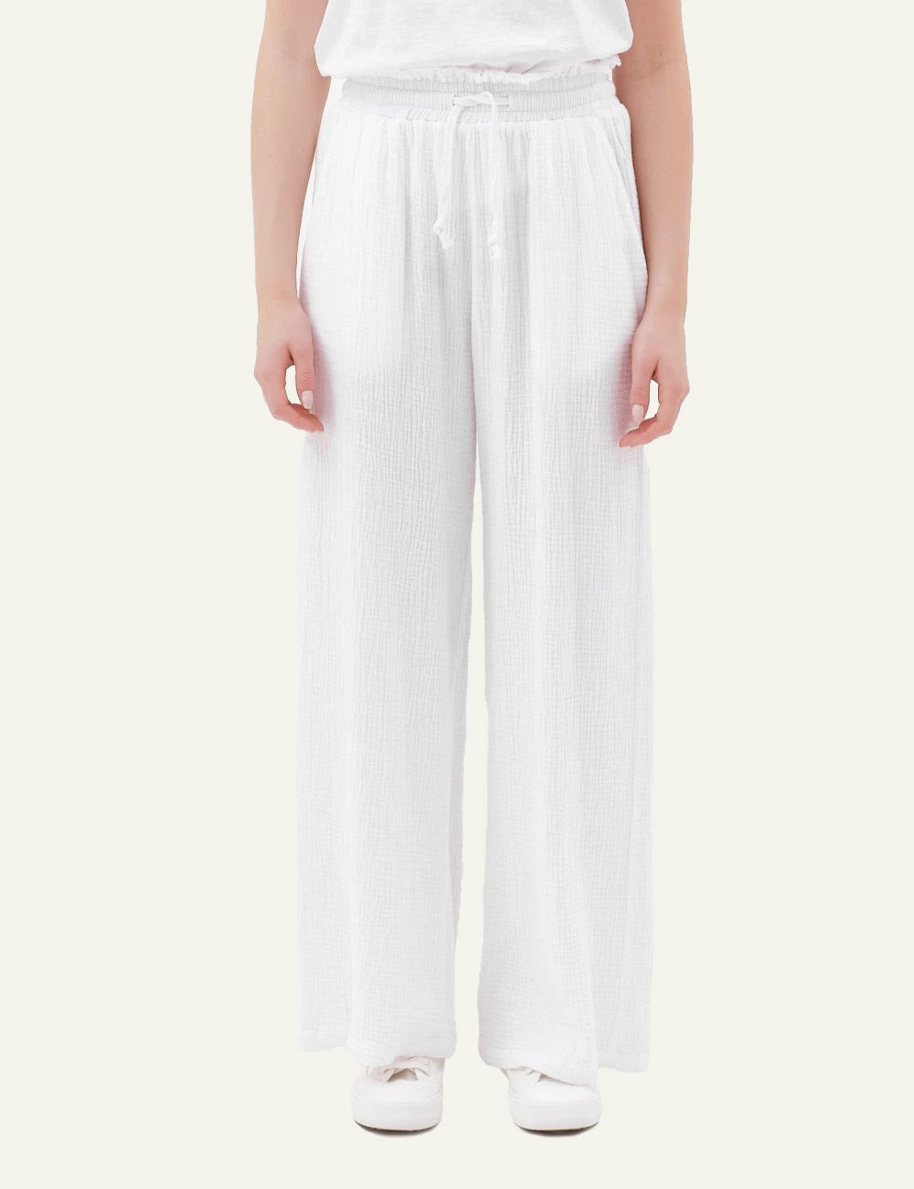 Dirty Laundry wide leg pants white textured fabric drawstring waist front model view