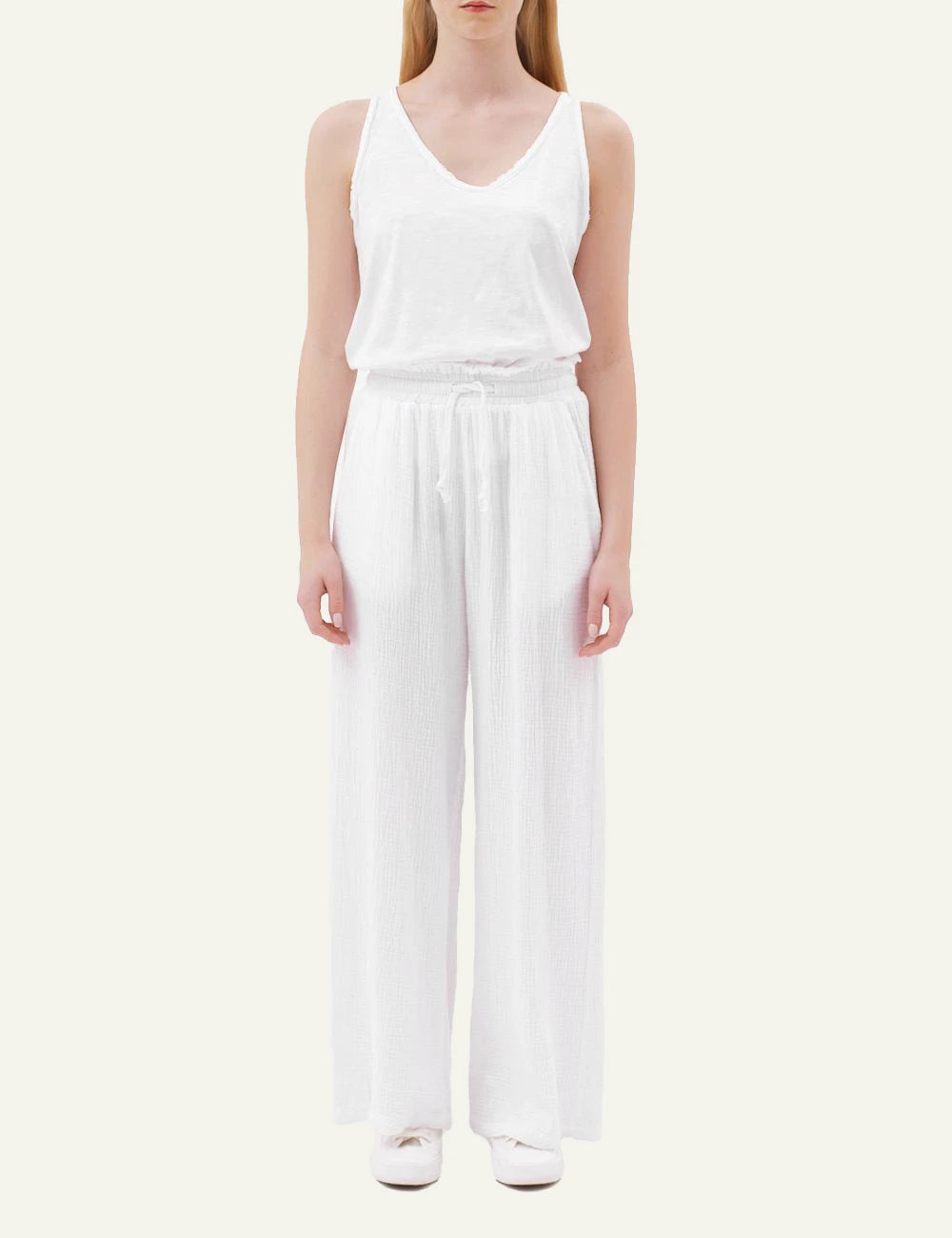 Dirty Laundry wide leg pants white textured fabric drawstring waist front full body view
