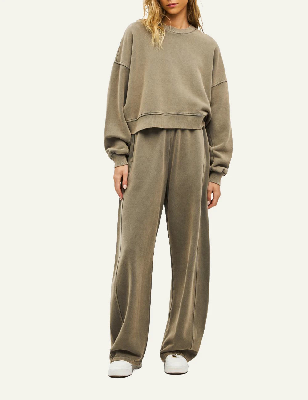 Women's Dirty Laundry faded beige oversized sweatshirt with distressed details full body