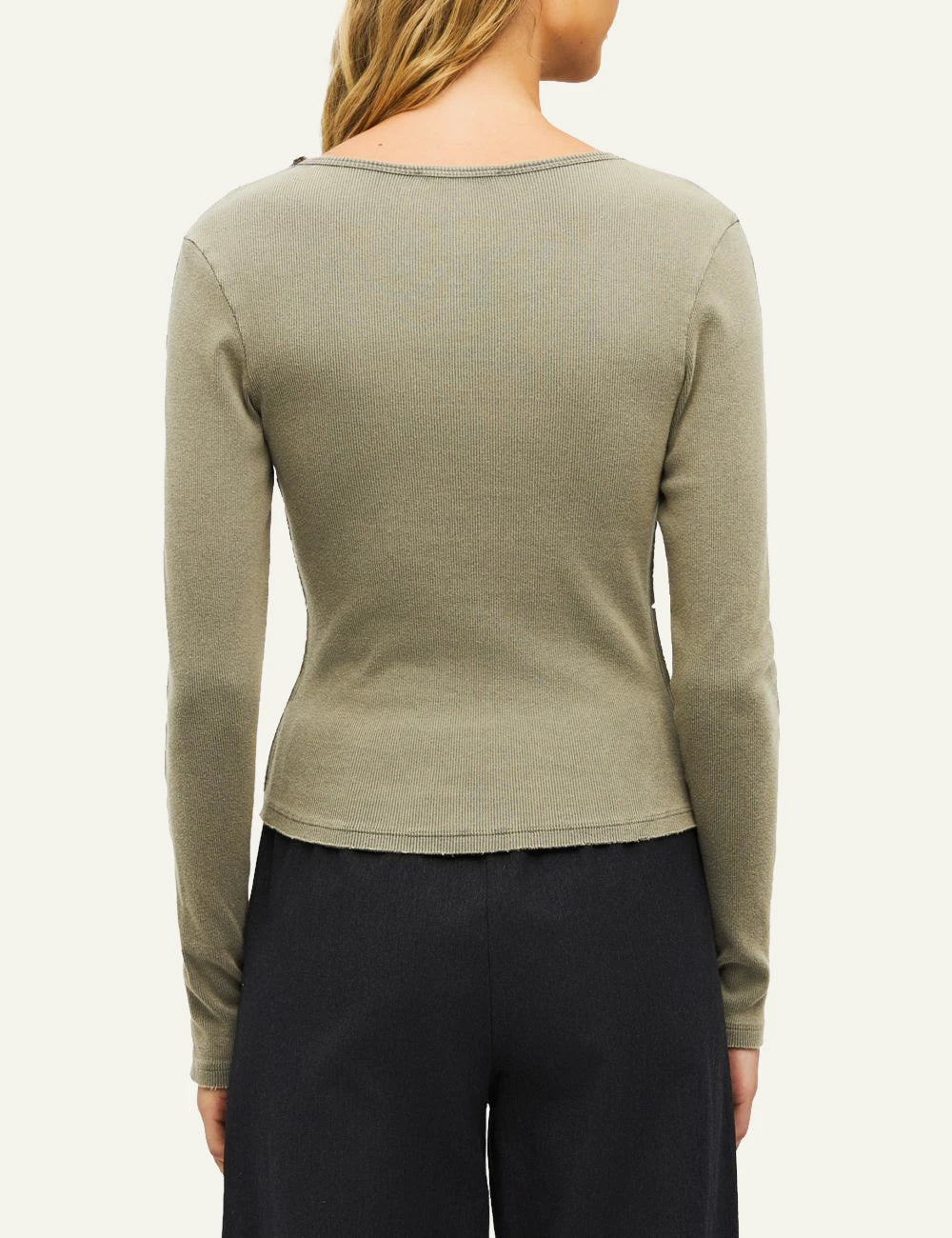 Women's Dirty Laundry khaki ribbed V-neck long sleeve top back