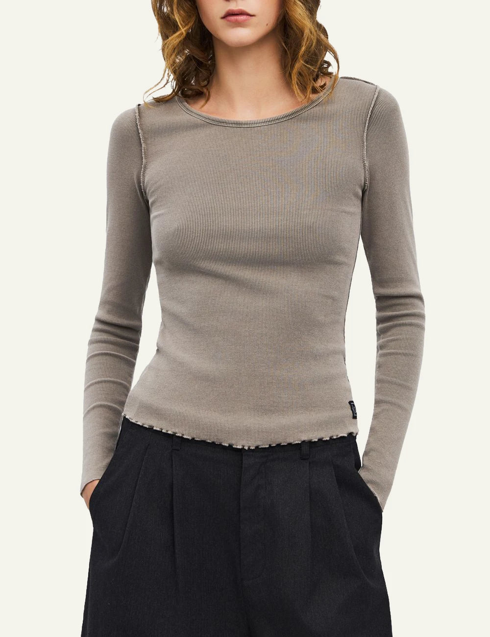 dirty laundry womens taupe ribbed boat neck long sleeve top
