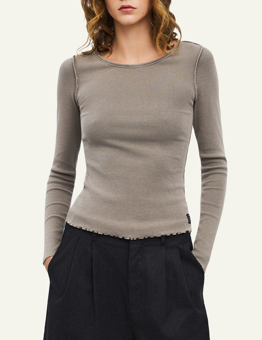 dirty laundry womens taupe ribbed boat neck long sleeve top