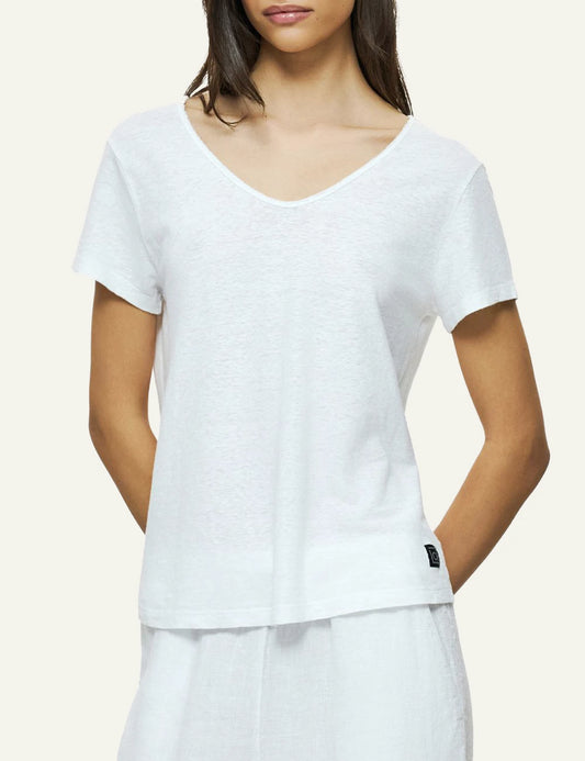 Dirty Laundry gynaikeio white V-neck linen blend T-shirt front view