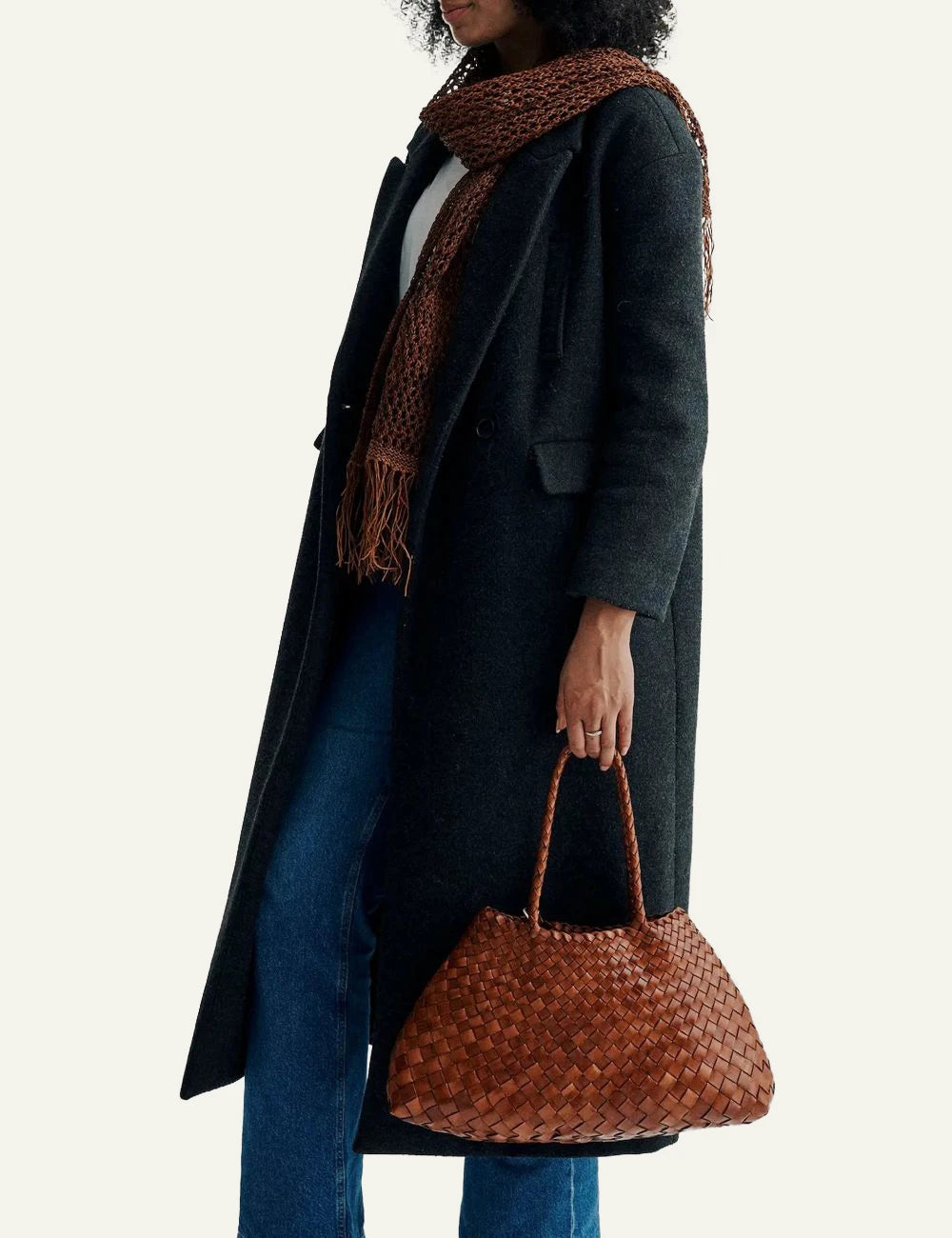 Dragon Diffusion Santa Croce woven leather shoulder bag in tan on model